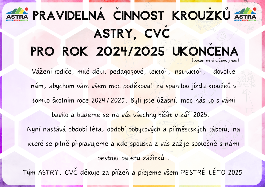 Pravidelná činnost kroužků ukončena k 30. 5. 2025 