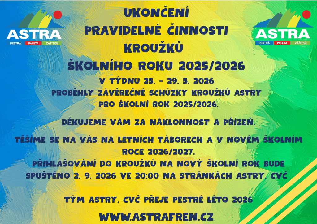 Pravidelná činnost kroužků ukončena k 29. 5. 2026