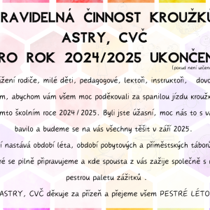 Pravidelná činnost kroužků ukončena k 30. 5. 2025 